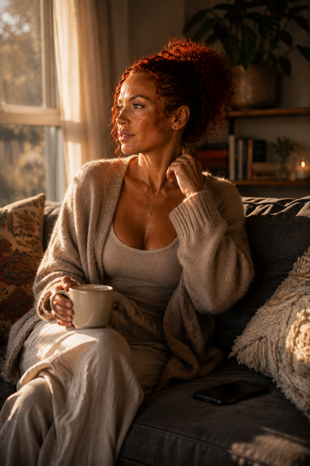 Angelica’s AI-created avatar sitting with tea beside a face-down phone, lost in thought