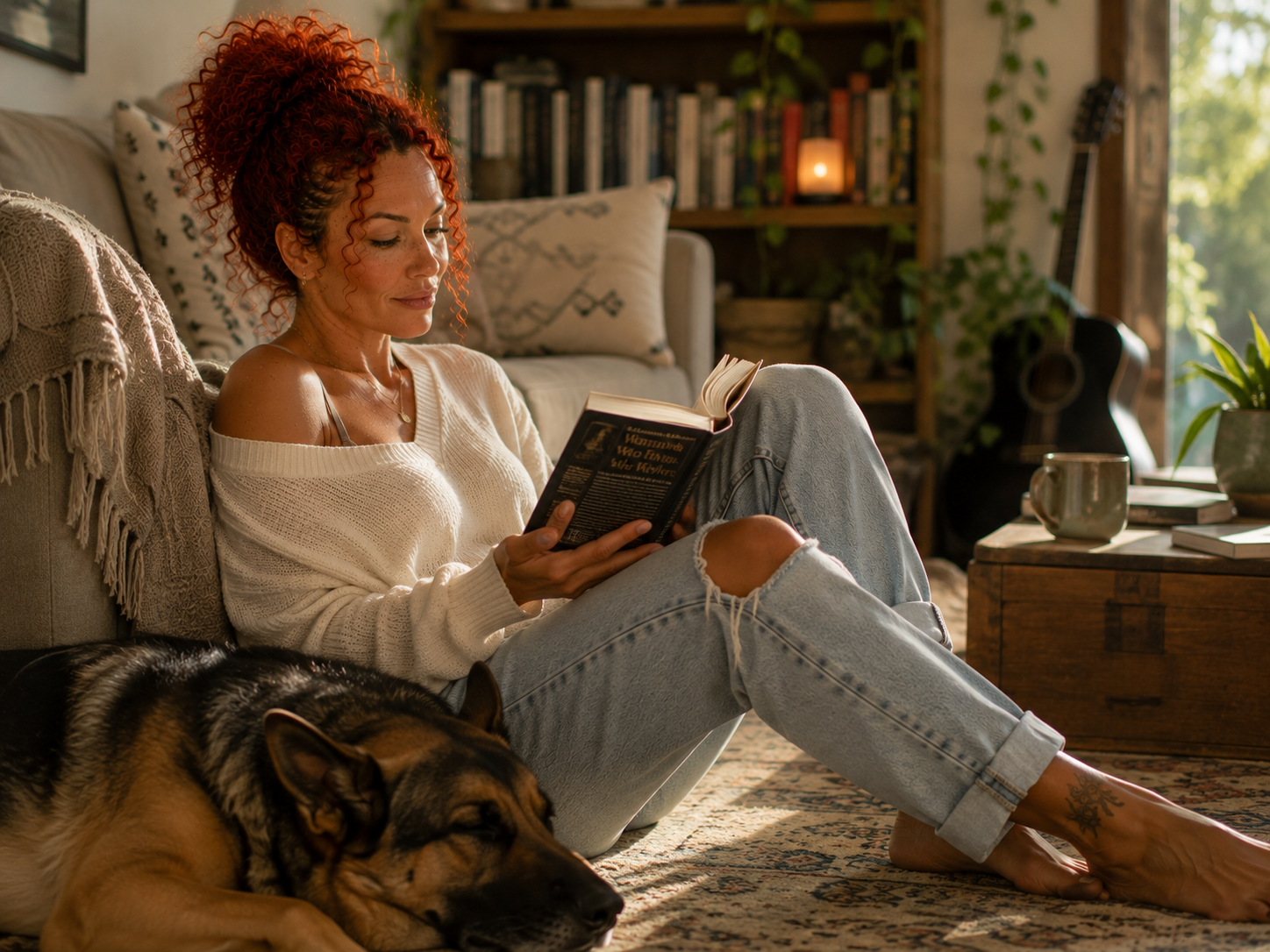 Angelica’s AI-created avatar reading beside a sleeping dog in warm indoor light