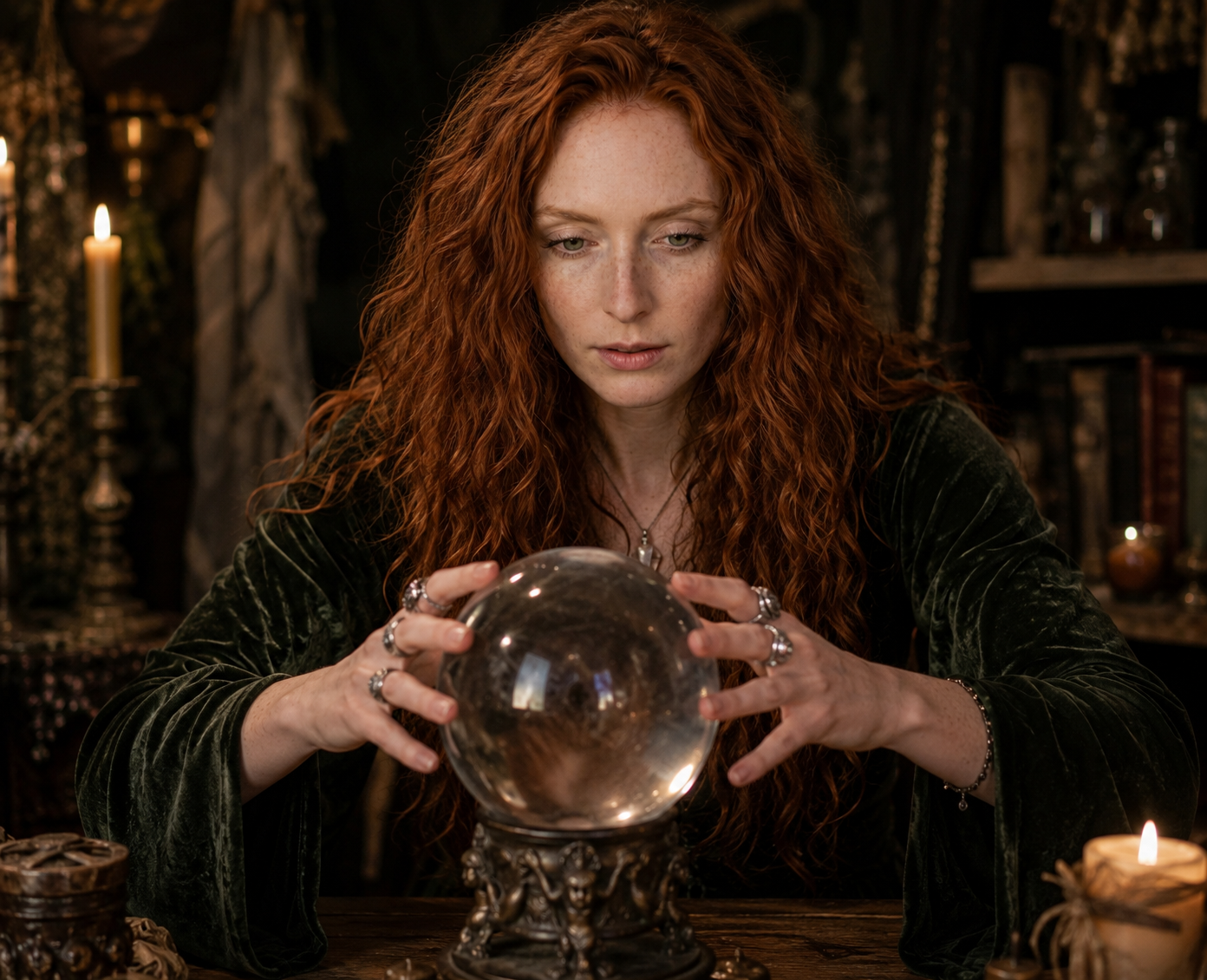 Angelica's avatar with a crystal ball in soft candlelight for an article about breaking spells