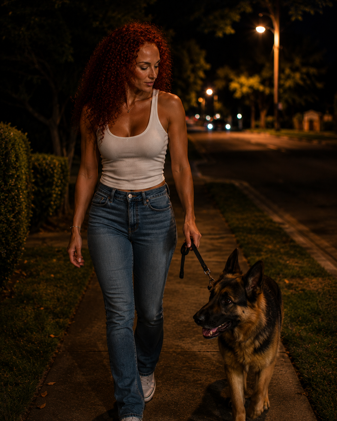 Angelica’s AI-created avatar walking a dog through a green park
