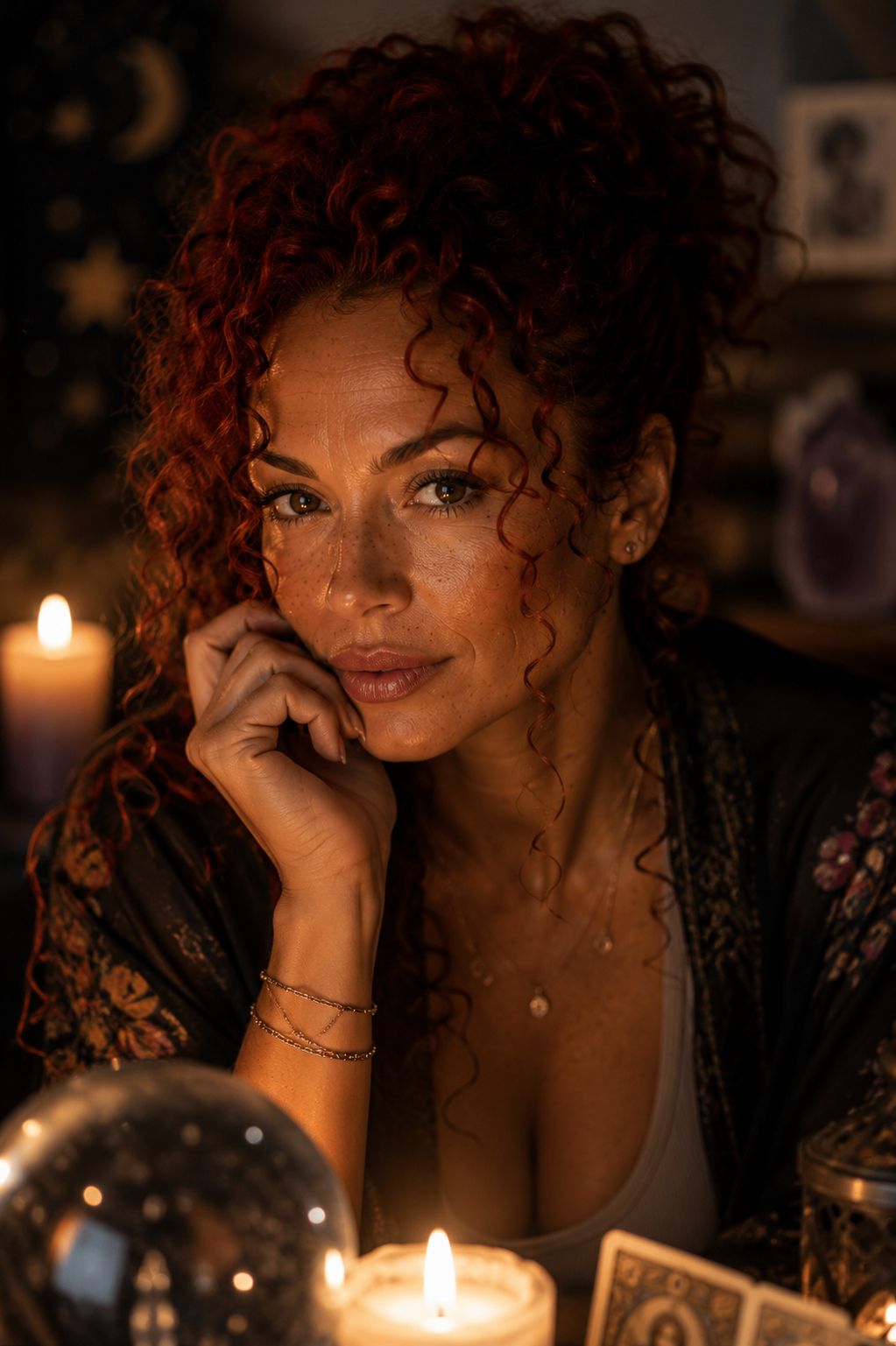 Angelica’s AI-created avatar in a candlelit close-up beside a softly flickering flame